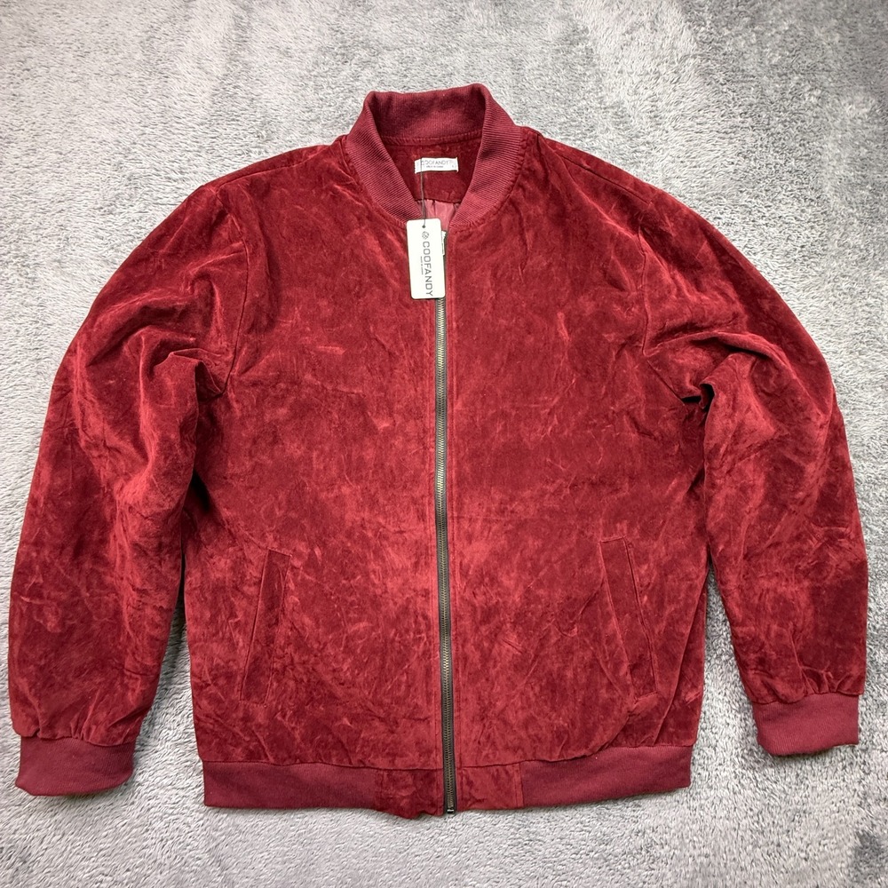 COOFANDY Blood Red Bomber Jacket NWT Mens L Zip Up Velvet Velour